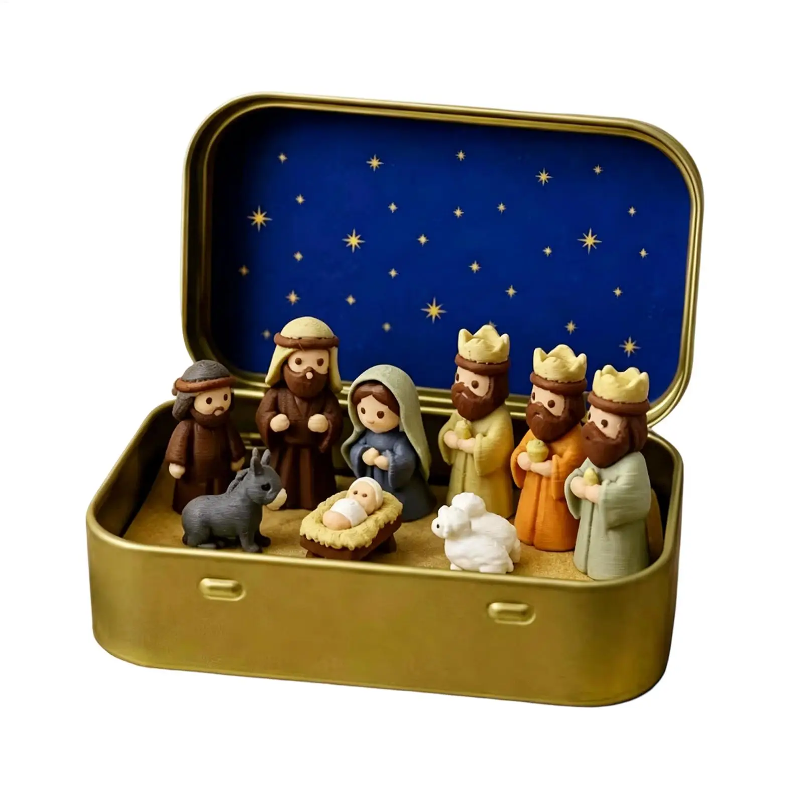 Miniature Nativity Set Christmas Figures Tin Box Hand Painted Plastic Mary Shepherd Animals Portable Desktop Decor Holiday Gift