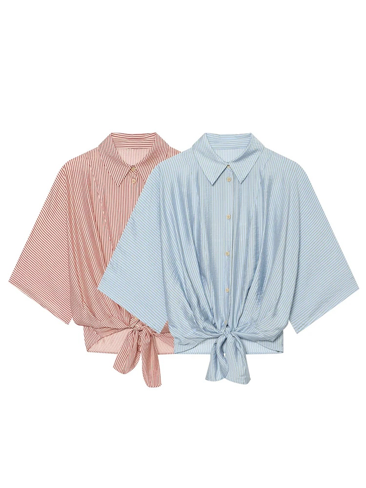 Damen Gestreifte Hemdbluse mit Bindedetail, Lässiger Umlegekragen, Kurzarm, Locker Geschnittene Oberteile, Schicke Knotenbluse mit Einzelknopfleiste