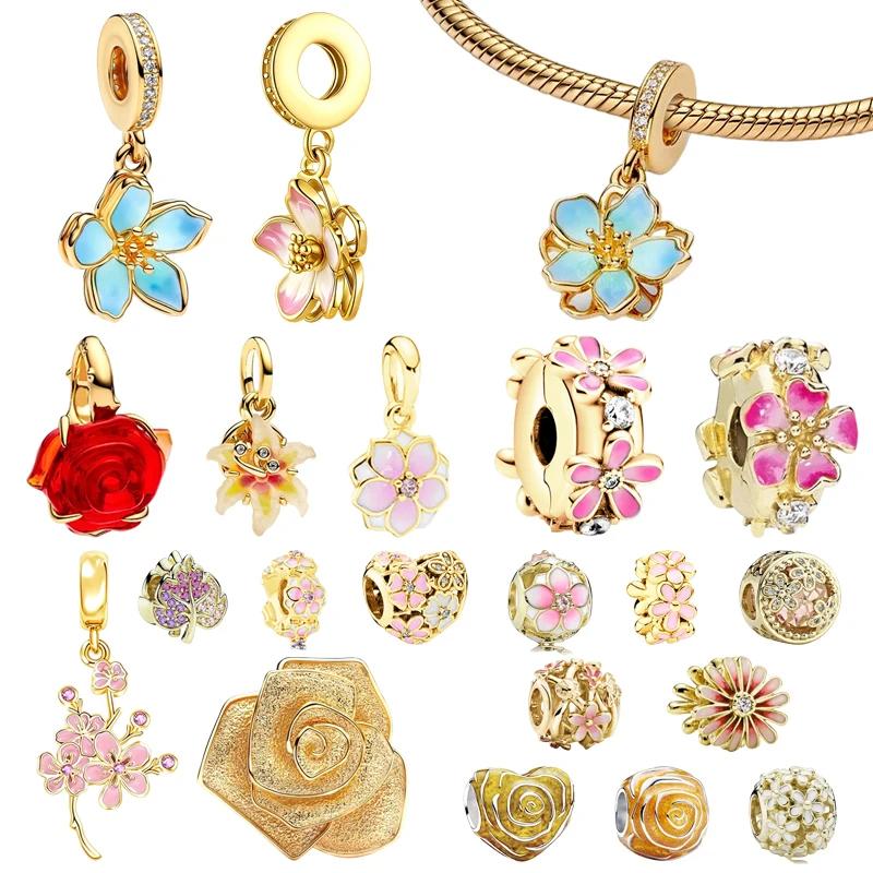 

Hot Sale Gold Flowers Series Charms Cherry Blossom Pink Daisy Flower Rose in Bloom Beads Fit Original Bracelets DIY Jewelry Gift