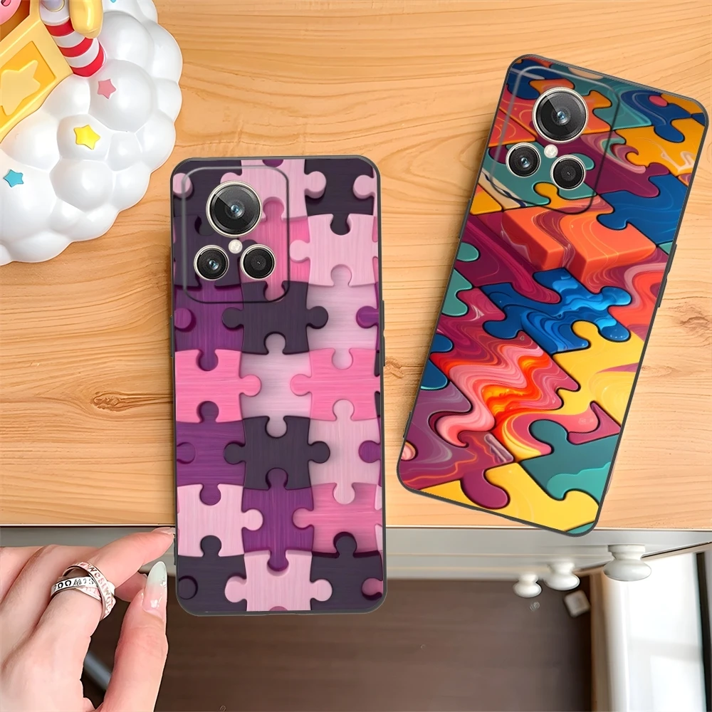 Puzzle Pretty Fashion Mobile Cell Phone Case for Realme GT 2 9i 8i 7i Pro X50 X2 C35 C21 C20 C11 C3 Black Soft Phone Cover Shell