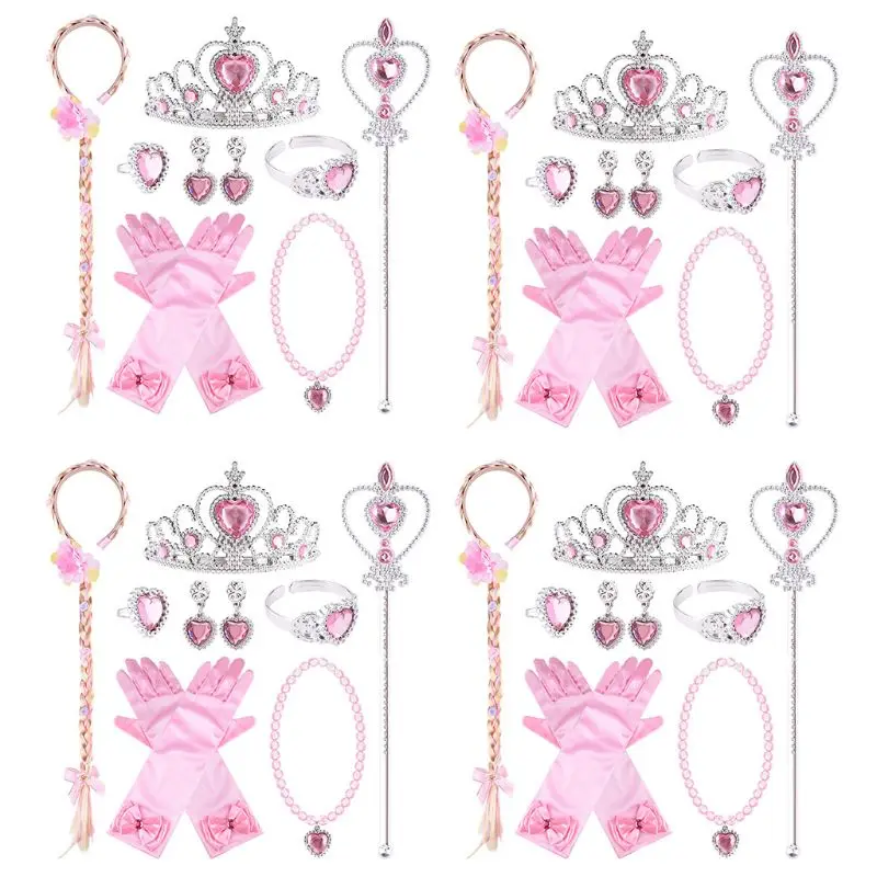 

Y1UB Princess Dress Up Accessories Braids Wand Gloves Necklace Earrings Ring Br