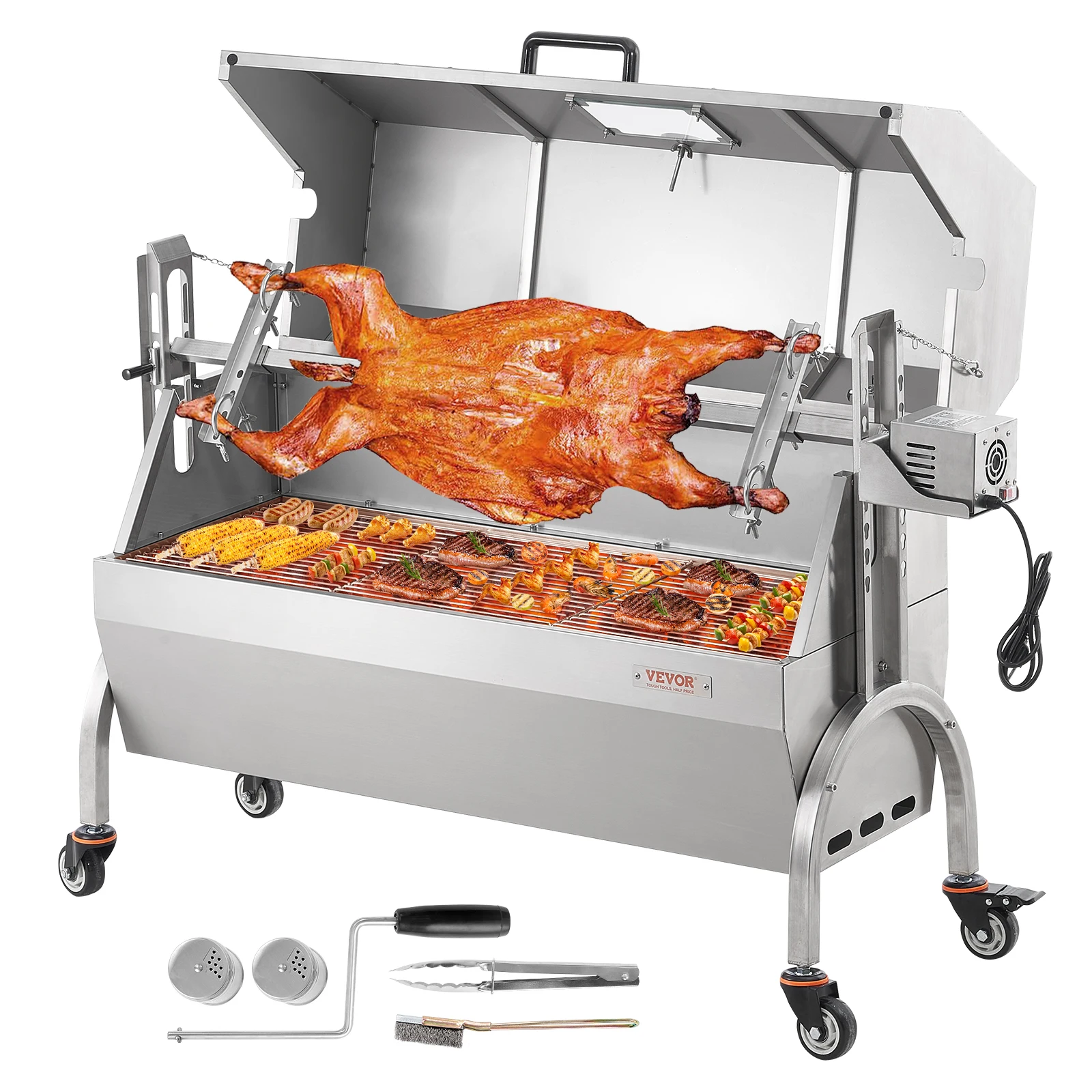 VEVOR Rotisserie Grill w/Hooded Cover, BBQ Whole Pig Lamb Goat Charcoal Spit Grill,46In 132Lbs 52W Motor Stainless Steel Roaste