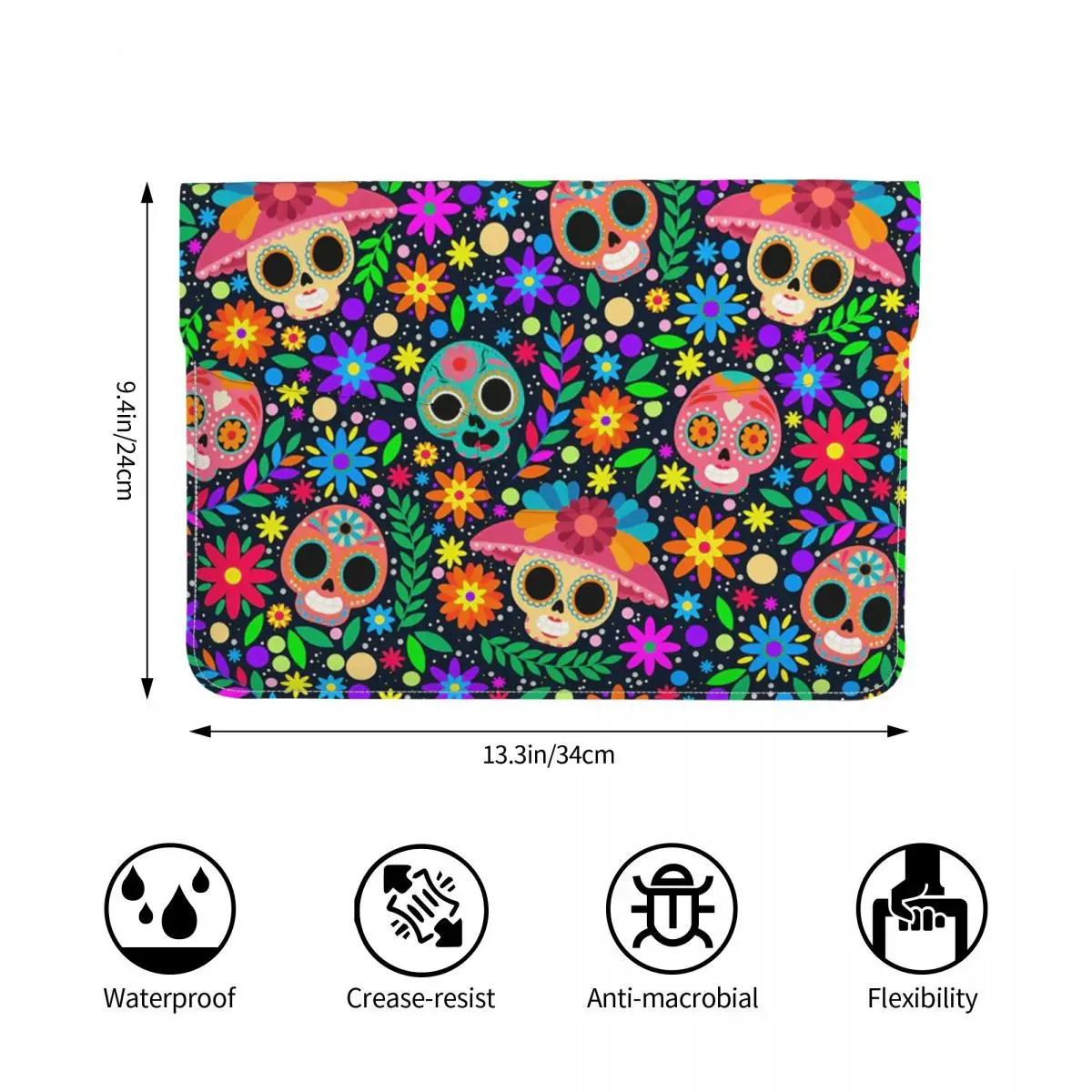 Skull Mexican Flower Halloween Day Of The Dead PU Leather Horizontal Laptop Sleeve Shockproof Soft Lining Notebook Case 13 Inch