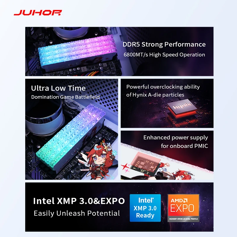 JUHOR Memoria Ram RGB DDR5 16GB 6400MHz  6800MHz 16GB  UDIMM Desktop UDIMMRAM PC Computer Memory Hynix Chip