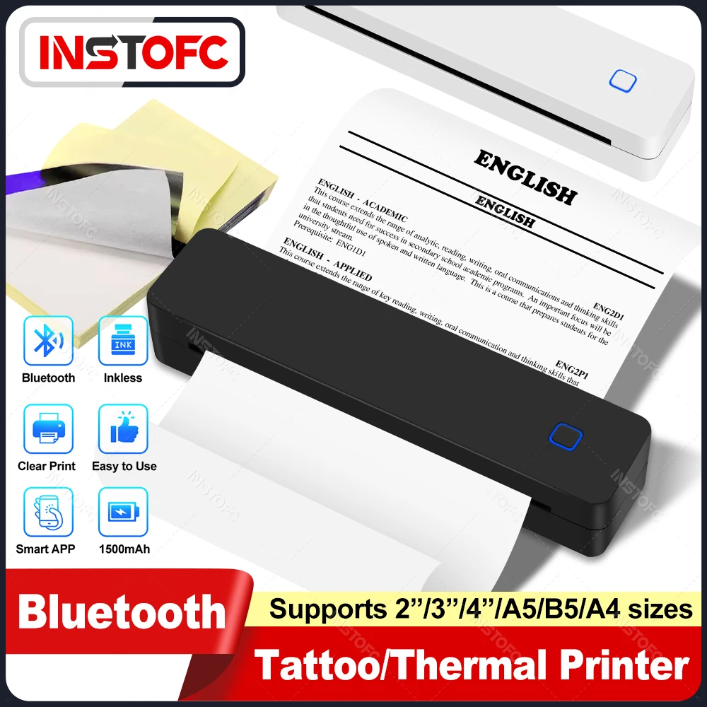 

Portable A4 Mini Thermal Printer Inkless Wireless 1500mAh Bluetooth USB Type-C For Android iOS Office Work Home School Travel
