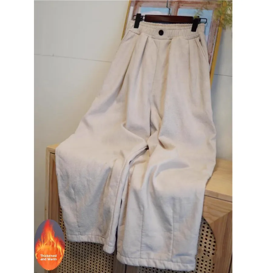 

New Chinese Sle Wide Leg Pants High Waist Thiened Cotton Linen Casual Slimming Winter Women's plus Size Trousers