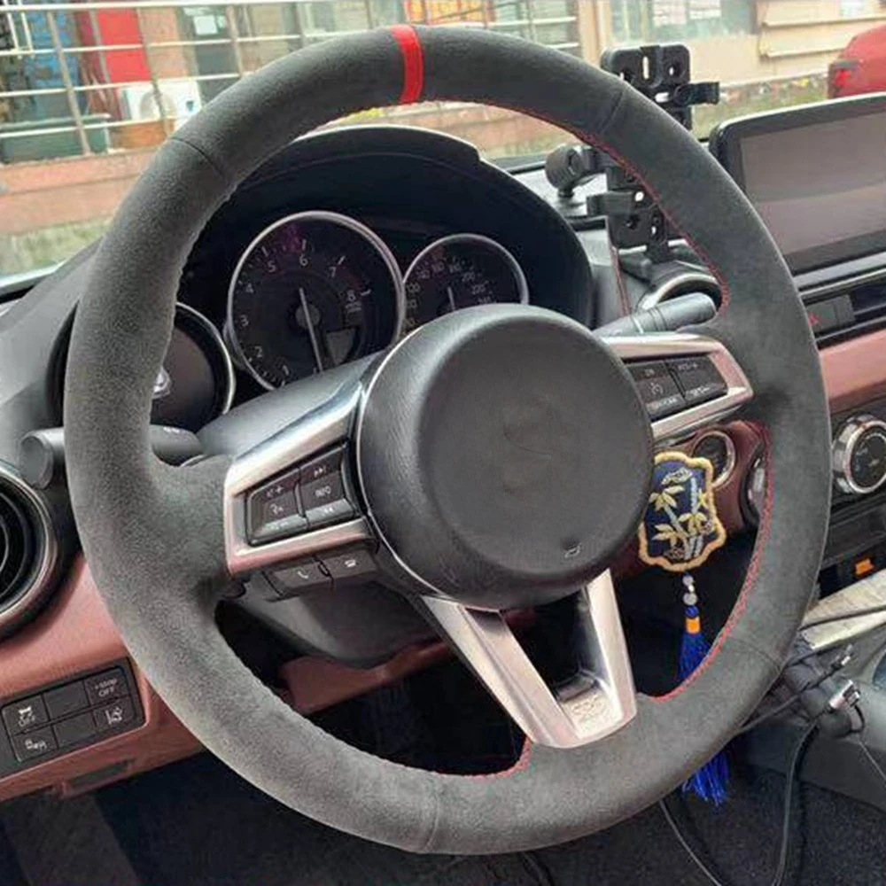 

Сделай Сам, сшитая вручную, черная замша из натуральной кожи для Mazda MX5 чехол рулевого колеса автомобиля 2016 2017 2018 2019