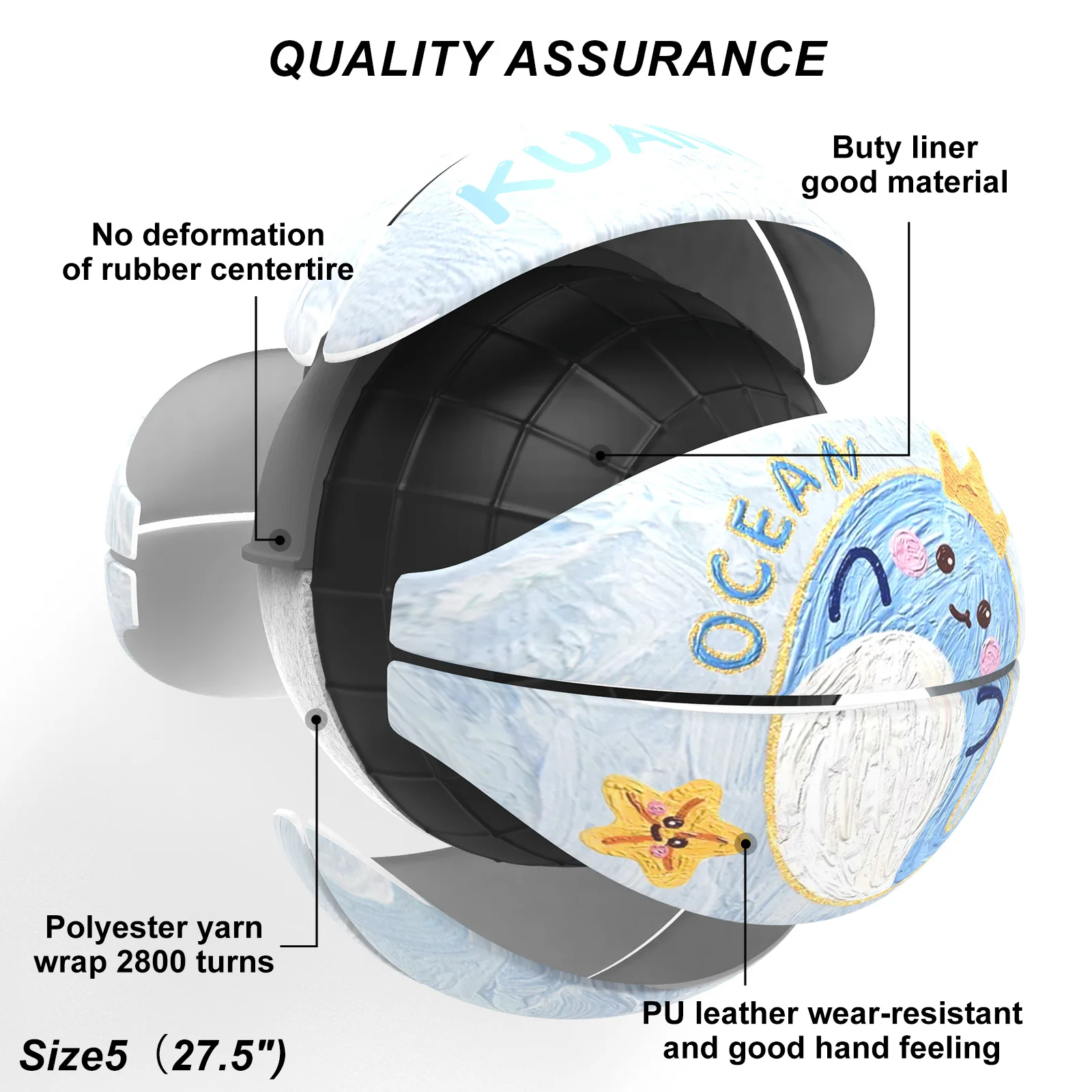 Детский баскетбольный мяч Kuangmi Whale, размер 5 (27,5 дюймов), прочный материал из искусственной кожи для игр в помещении и на открытом воздухе, KMBB581CA