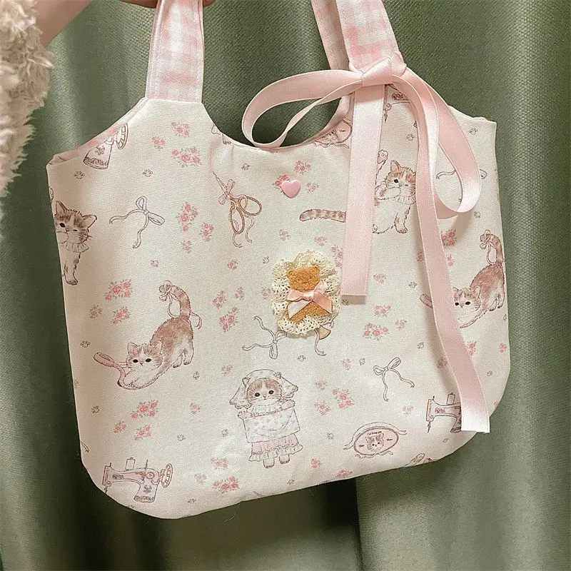 Miyagawa 2024 Spring New Flower Cat Handbag Cute Small Girls Handbags Fashion Sweet Print Commuter Tote Bag