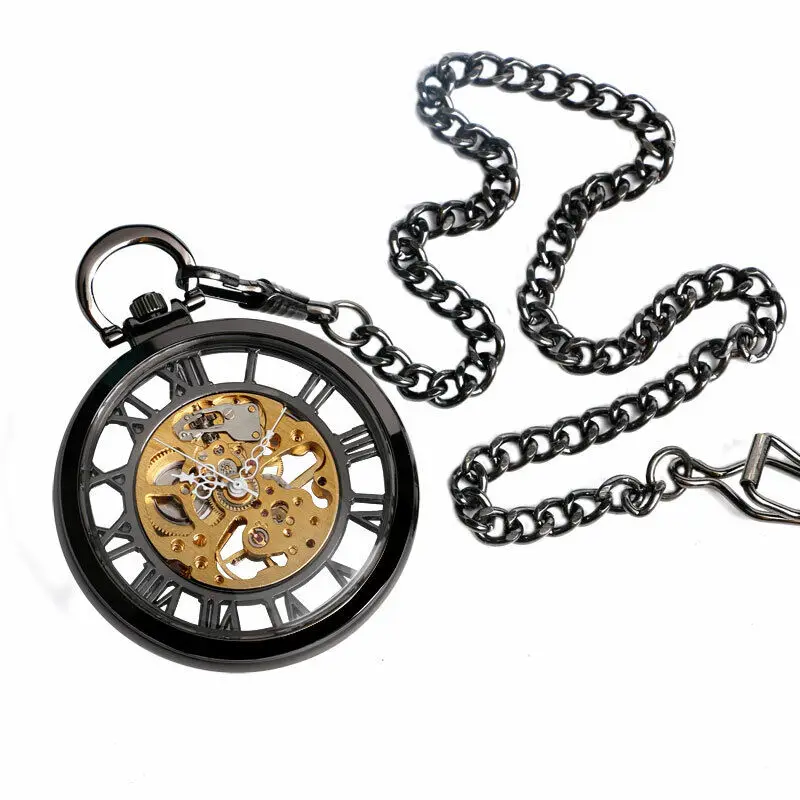 

Transparent Hollow Roman Numerals Skeleton Hand Wind Mechanical Pocket Watch w/Chain See Through Black Case