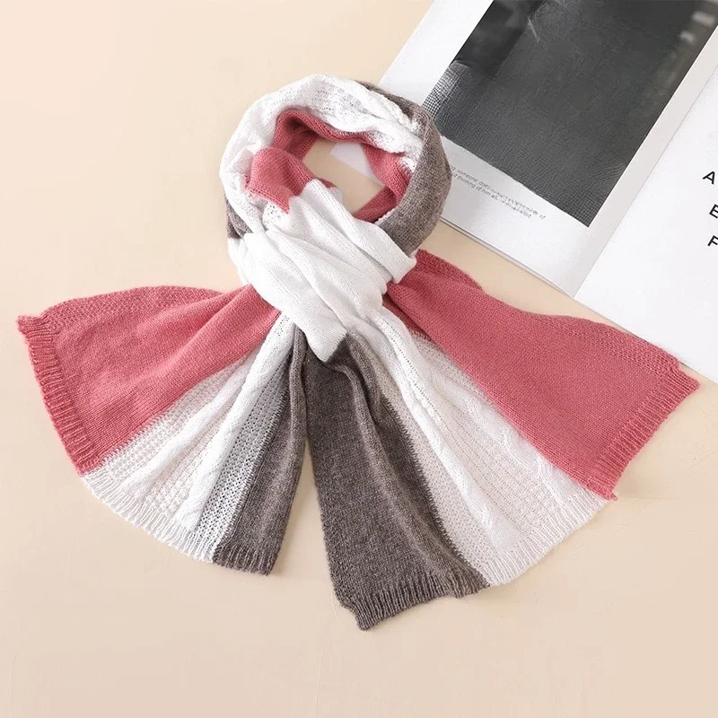 

Стильный зимний вязаный шерстяной шарф с цветными блоками, перфорированный градиентный шарф на шею, элегантный аксессуар для холодной погоды