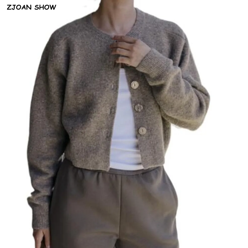 

2025 Autumn Women Open Buttons Through Pointelle Knitted Cardigan O neck Full Sleeve Short Sweater Jumper Knitwear Khaki