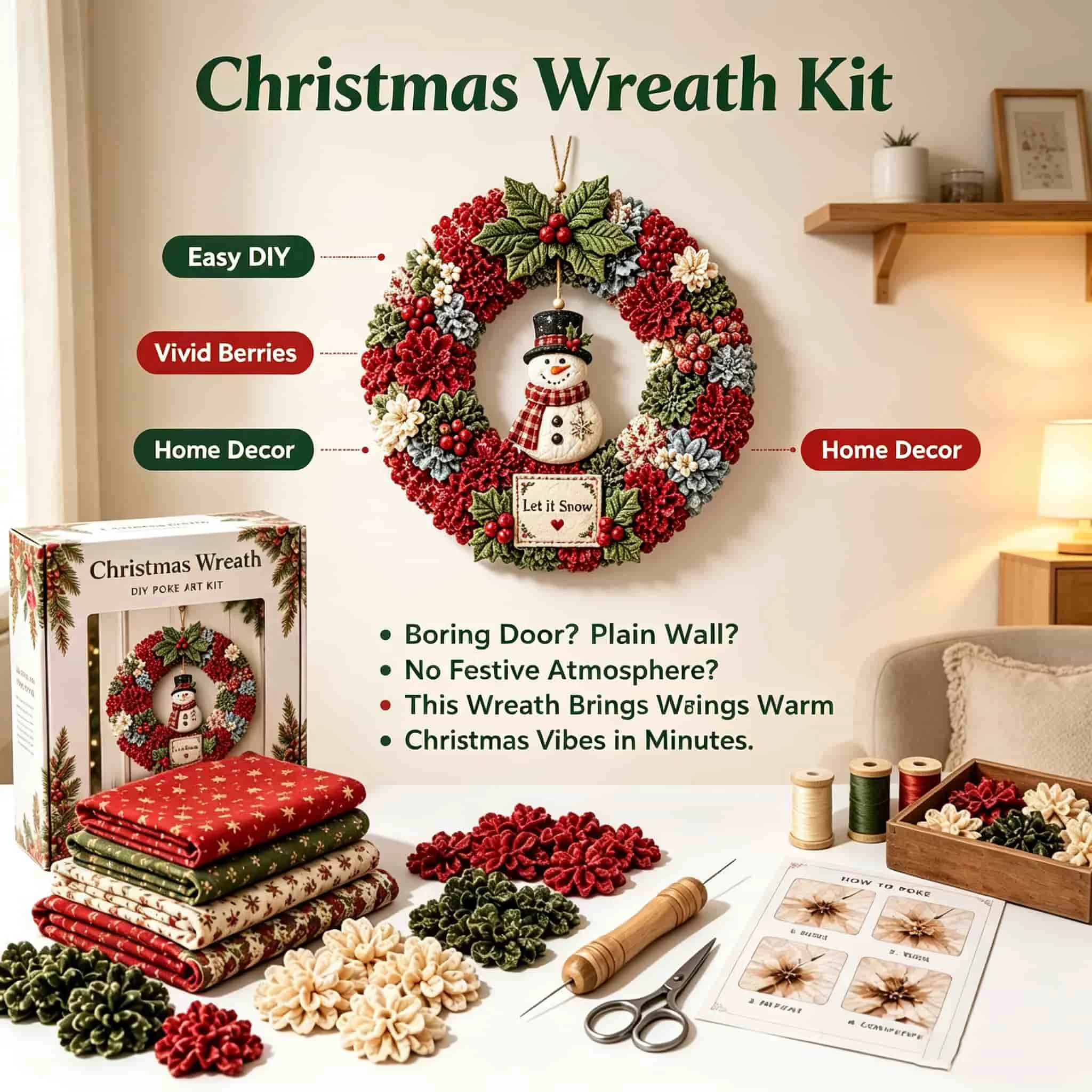Christmas Wreath DIY Craft Kit for Adults, Complete Supplies to Make Xmas Front Door Wreath, Christmas Home Wall Hanging
