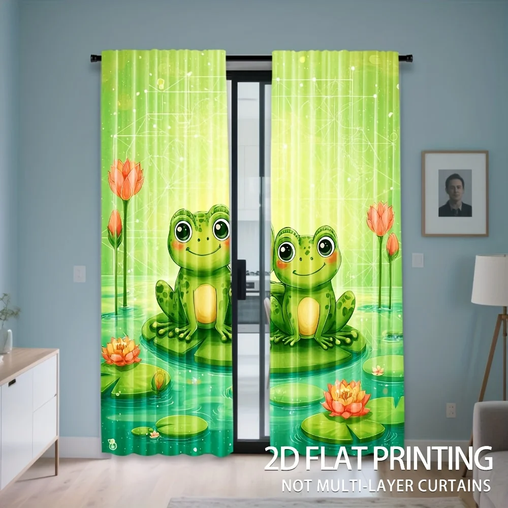 2pcs Cute Frog Curtains Lotus Pond Print Blackout Drape Living Room Bedroom Window Treatment Home Decor