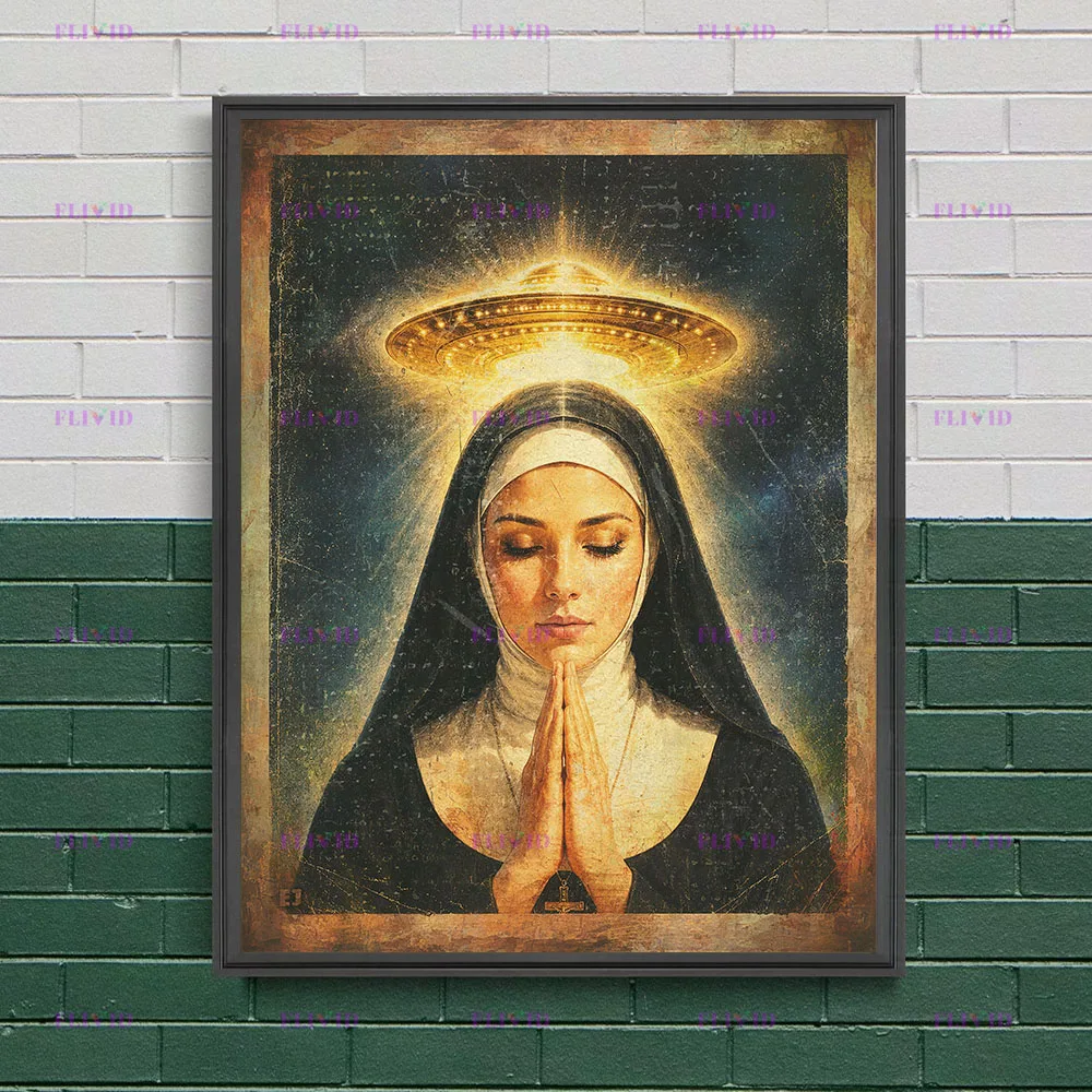 Retro Worn Texture UFO Flying Saucer Canvas Poster Print,Surreal Retro UFO Abduction Wall Art Decor, Game Room Decor Unframed