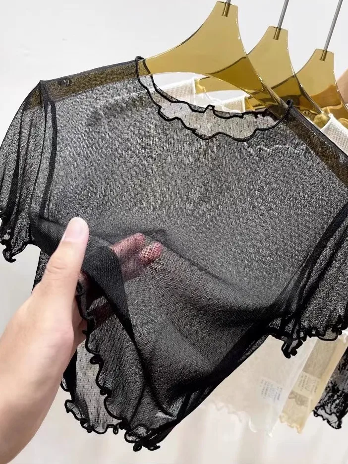 

Summer New Sle Thin Me Lace Base irt Women's ort Sve Inner Wear Transparent Cover up T-irt ort Length Design