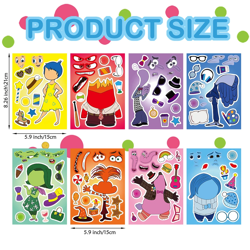 6/12 Vellen Disney Schattige Binnenstebuiten 2 Puzzelstickers Spel Doe-Het-Zelf Grappig Maak Een Gezicht Assembleren Legpuzzel Sticker Kids