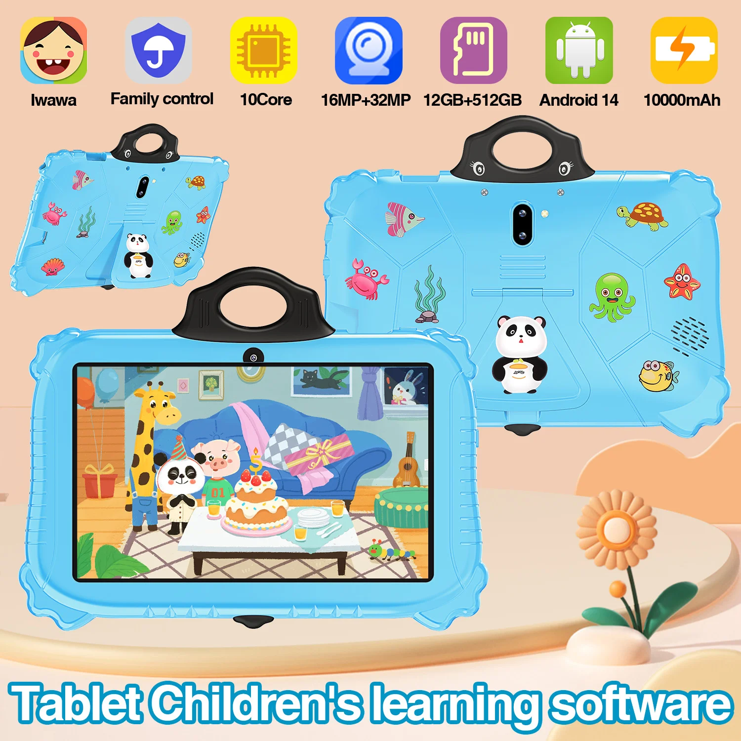 

2024 Hot Global Model Kids Learning Tablet 4GB+128GB Android 14 WiFi Bluetooth HD Screen Dual Camera Practical Tablets for Kids