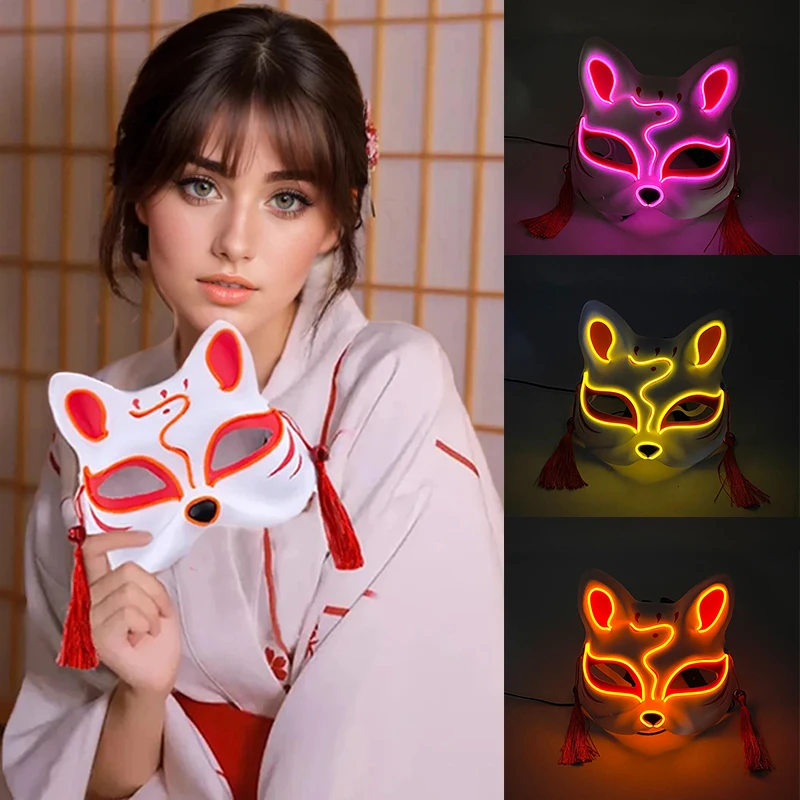 Maschera per spettacoli di danza incandescente in stile giapponese di Halloween Maschera per gatti a mezza faccia luminosa a LED Forniture per