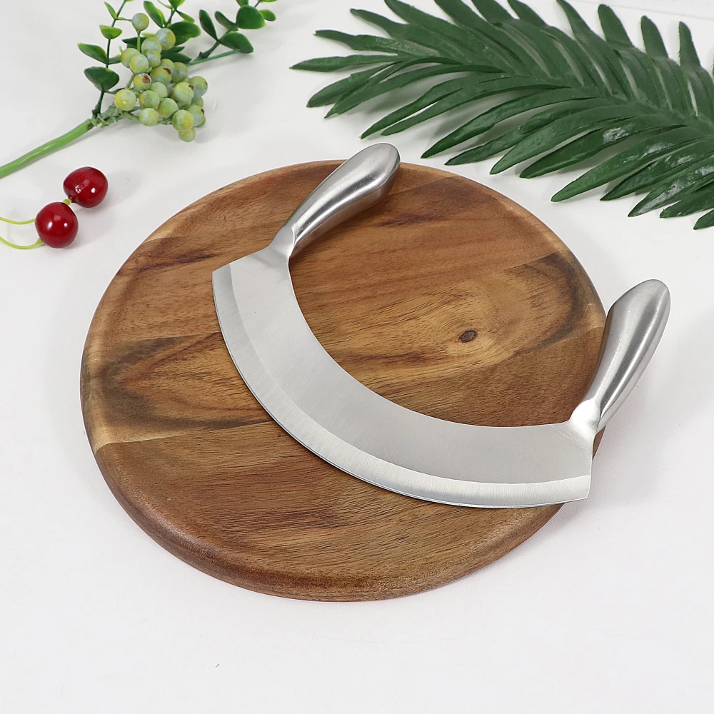 Stainless Steel Mezzaluna Vegetable Chopper Knife Cutting Board Mincing Knife Acacia Wooden Curved Board Cleaver Herb Board