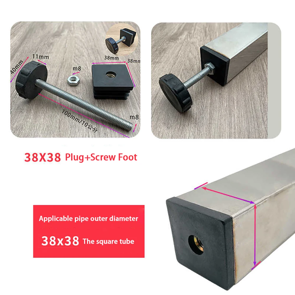 1-10Pcs Table Leg Plug With Nut and Adjustable Feet M8/M0x50/100mm Black Square/Round Furniture Rack Height Adjustable Foot Cup