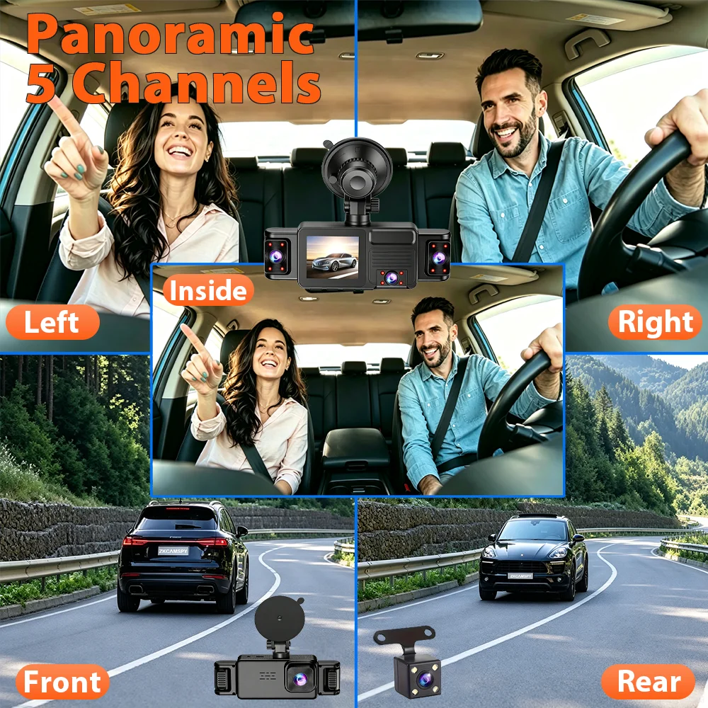 5 Channels Car Dashcam 360° Panoramic Recording 2K HD WiFi Car DVR 24/7 Parking Monitor Night Vision G-Sensor Loop Recording