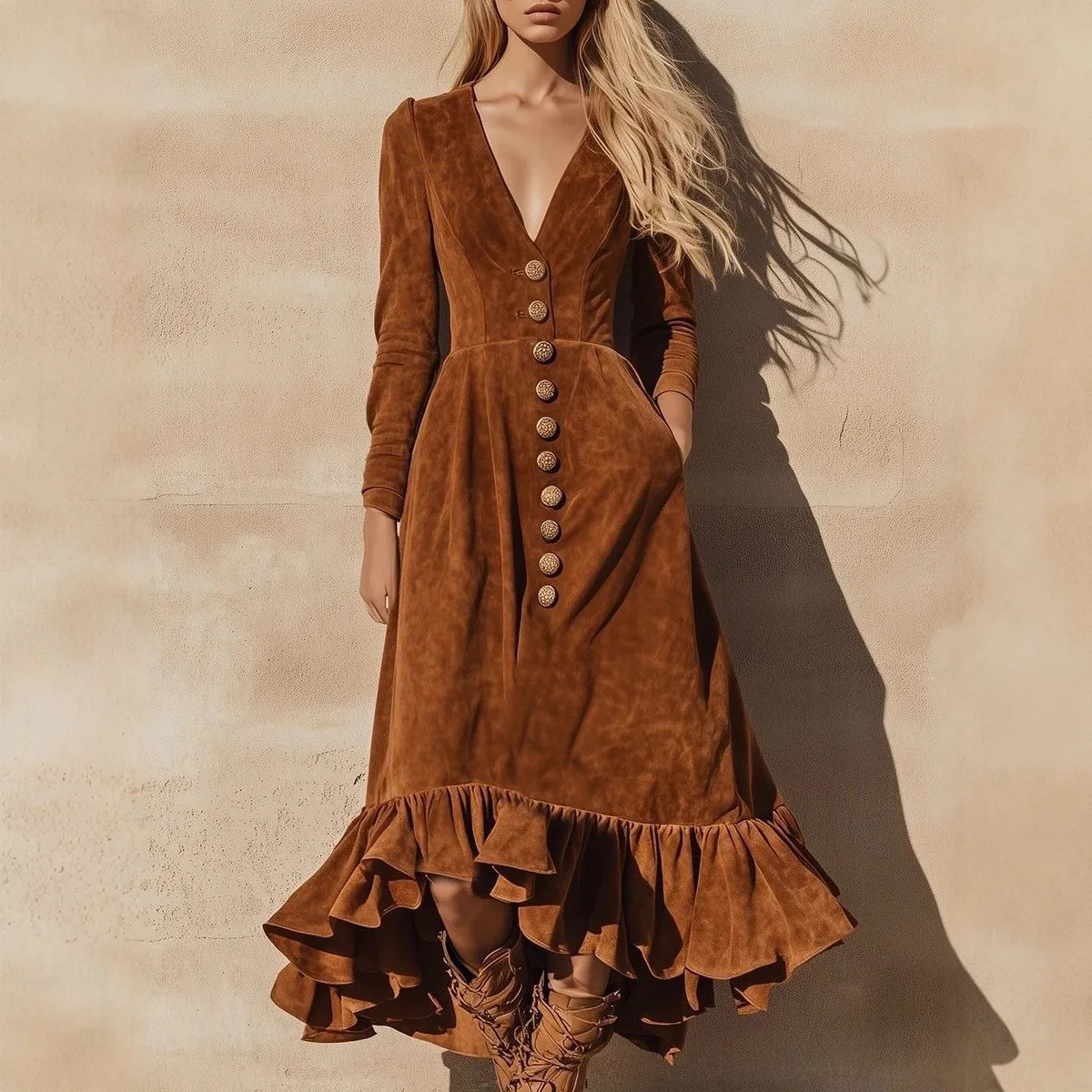 

European American Retro Dress for Women Solid Sexy V Neck Ruffle Hem Slim Party Long Dress Autumn Long Sleeve Maxi Dress