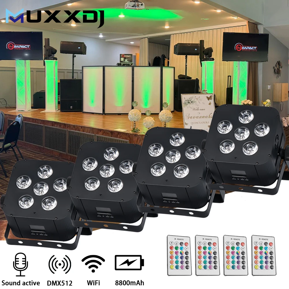 

4pcs LED 6*18W RGBWA+UV 6in1 Battery Powered Wireless DMX512 Control Suitable For Stage Wedding Atmosphere Lighting