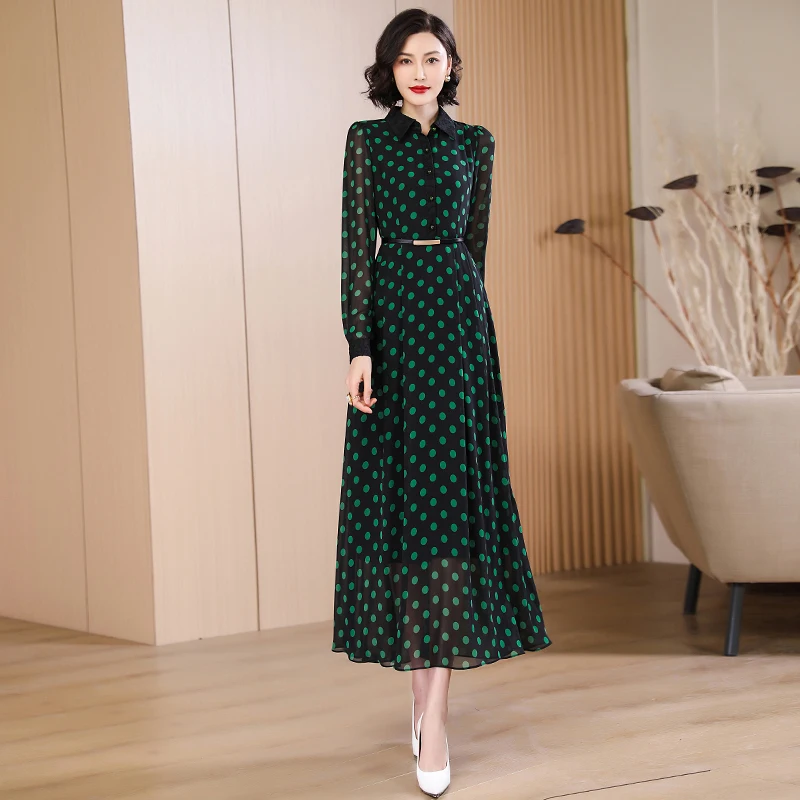 

New Women Spring Summer Long Shirt Dress Fashion Turn-down Collar Long Sleeve Polka Dot Dress Elegant Slim Overlength Dress