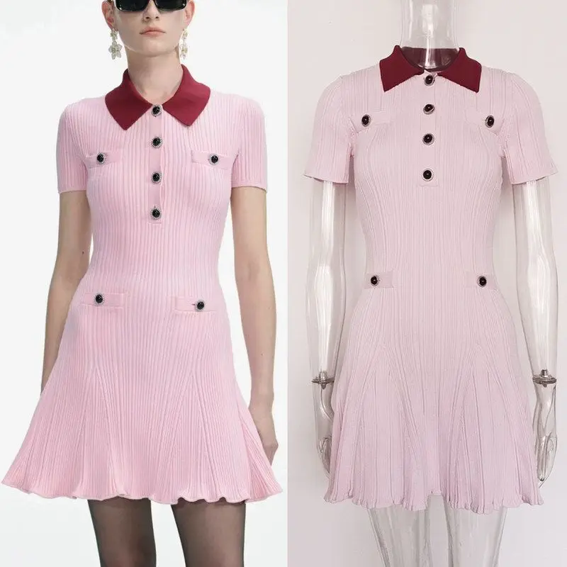 

Elegant Pink Neck Slim Fit Short Dress Fashionable Minimalist Style Ladies' Dress Button Closure A-Line Silhouette