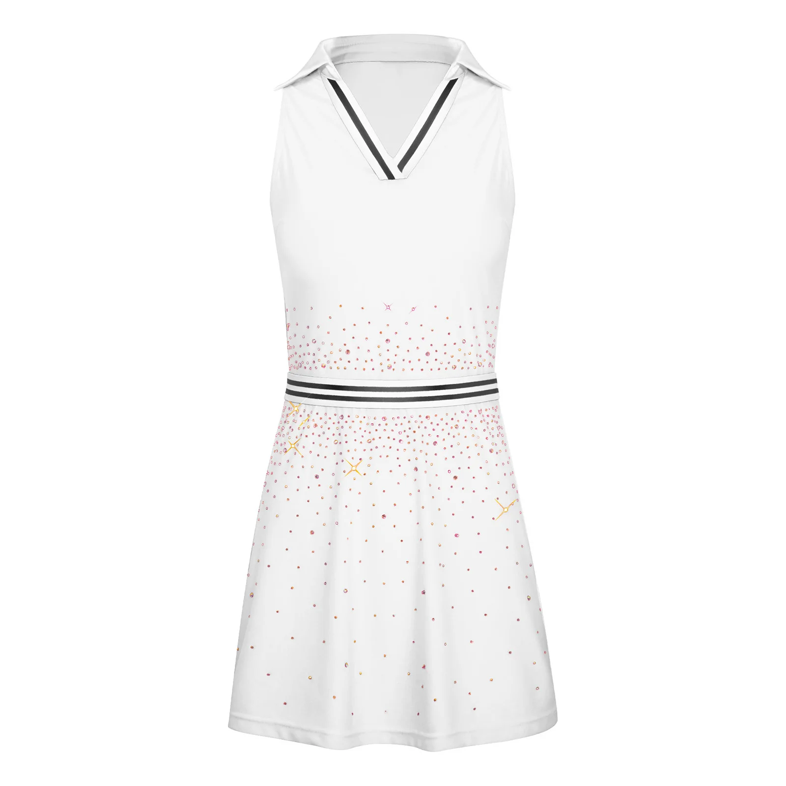 

Womens Tennis Golf Dress Outfit Shiny Rhinestones Striped Elastic Waist V-Neck Sleeveless Sports Athletic Dresses Sportwear