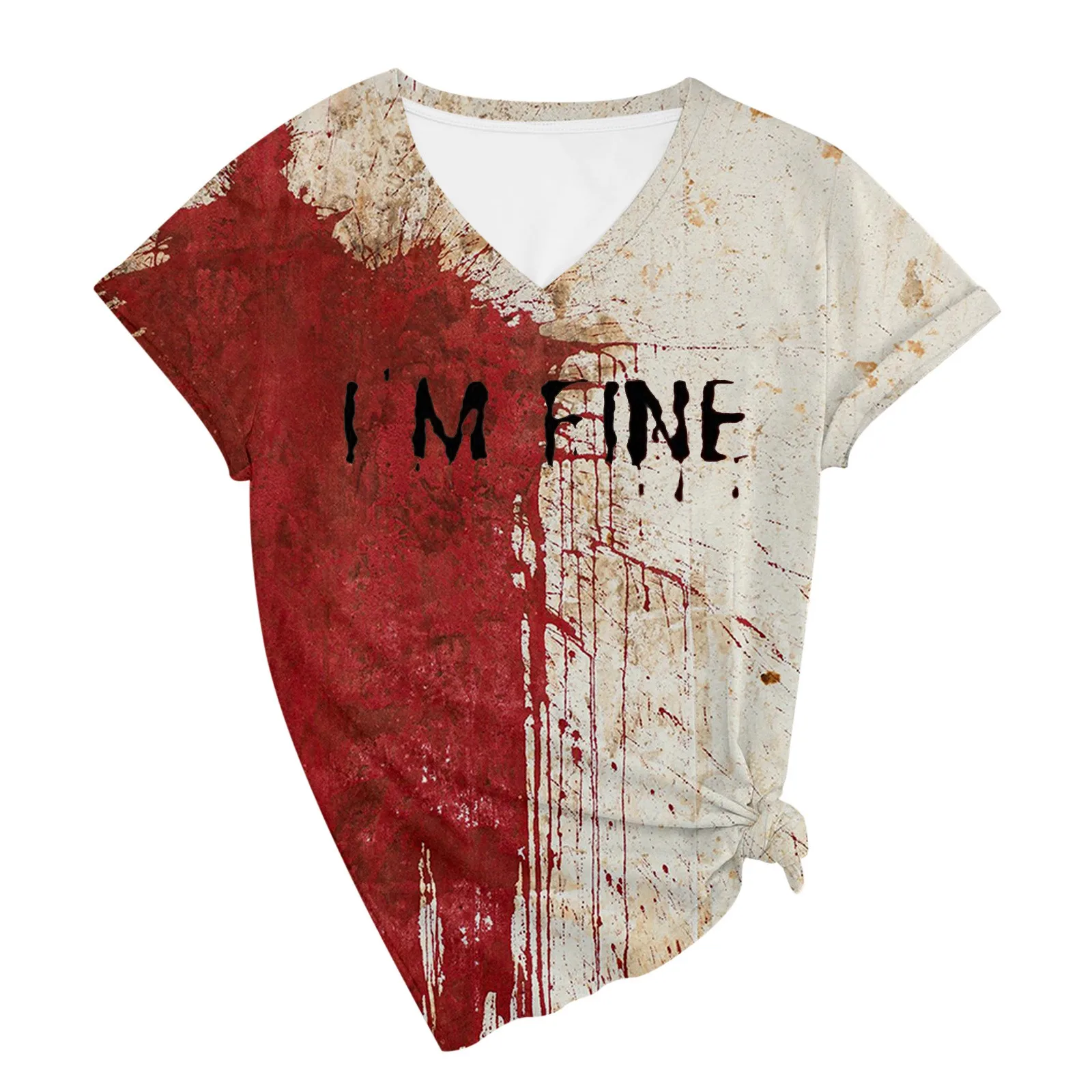 Handprints I Am Fine Blutige Schrift t-shirt Halloween con stampa scollo a v t-shirt manica corta Holiday Party t-shirt sanguinante invecchiata