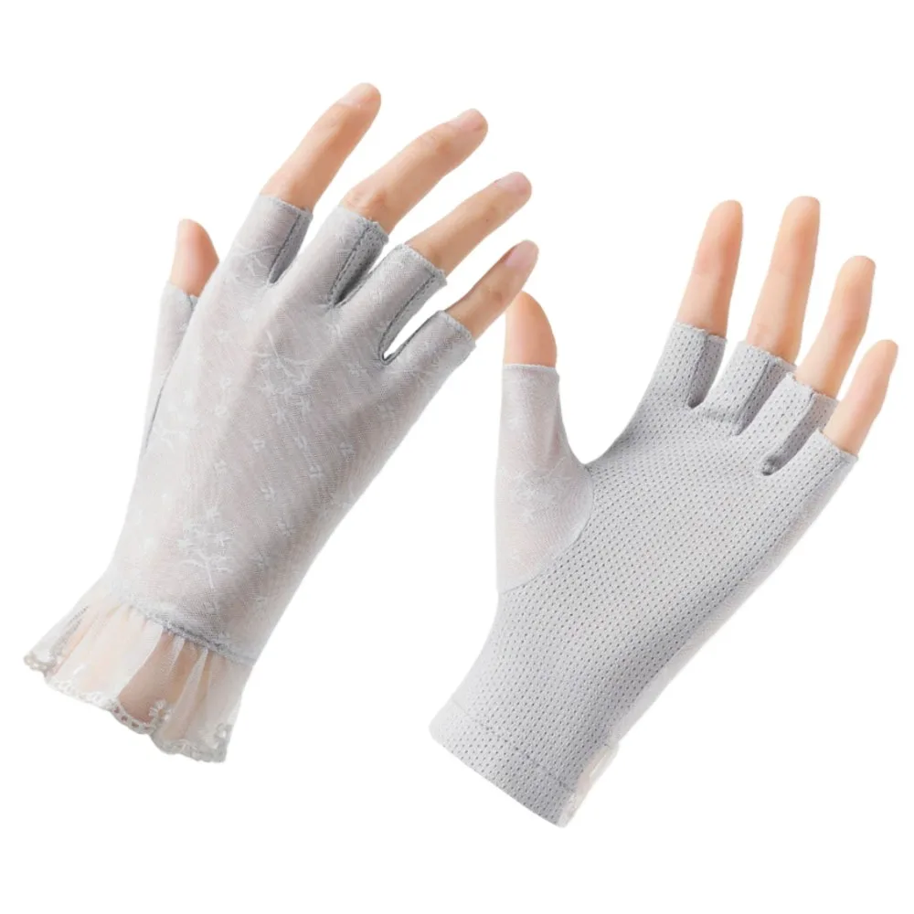2pcs Sun Protection Fingerless Driving Gloves UPF 50+ Women's UV Gloves for Cycling Sports Lace Style Gloves
