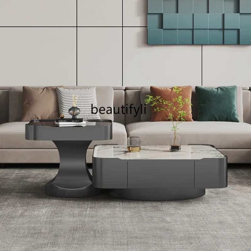 cqyLight luxury rock plate coffee table Italian minimalist small apartment living room square high-end stainless steel edge tabl