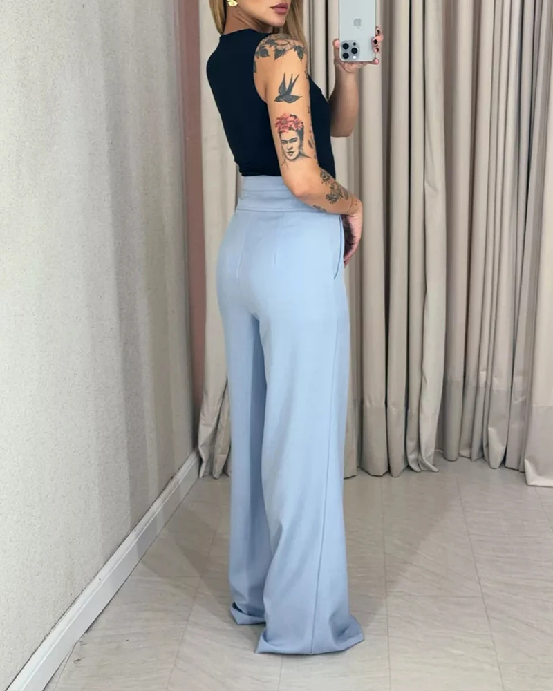 

Women's Pants 2025 Spring New Solid Color High Waist Fashion Single Button Pocket Design Elegant Work Straight Leg Pants