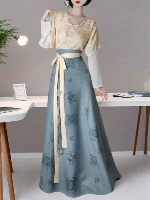مجموعة جديدة من سلالة تانغ هانفو - مطبوعة بياقة دائرية Beizi + تنورة عالية الخصر مكونة من ثمانية أجزاء على الطراز الصيني زي المرأة البالغة