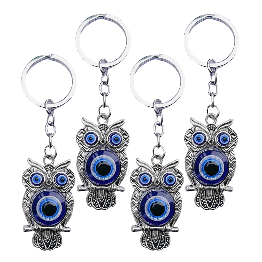 

4Pcs Owl Evil Eye Key Chain Pendant Zinc Alloy Colored Glaze Owl Shaped Hanging Decorative Bag Charm Key Ring Ornament