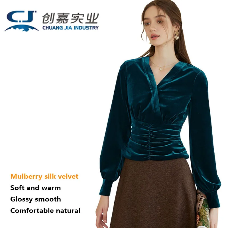 Natural Silk Velvet Ladies Shirt  V-neck Pullover Top Temperament Noble Elegant Business Casual shirt Comfortable Skin-friendly.