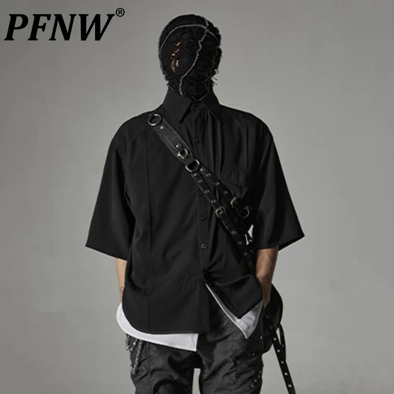 

PFNW New Men's Shirt Niche Design Short Sleeve Double Layered Patchwork Loose Fake Two Pieces Lapel Single Breasted Tops 12C141