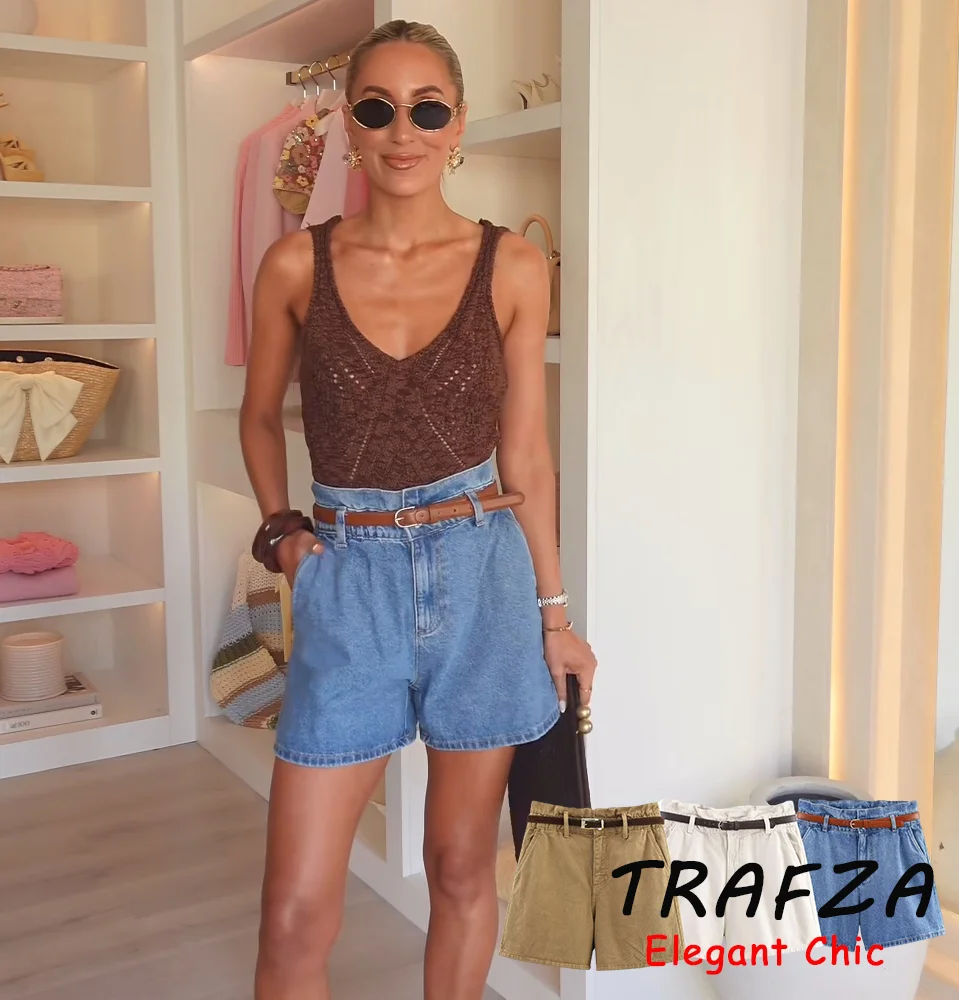 

TRAFZA Vintage Casual Belted Denim Shorts Women's High Waist Pocket Shorts 2025 Fashion Summer Casual Versatile Mujer Shorts