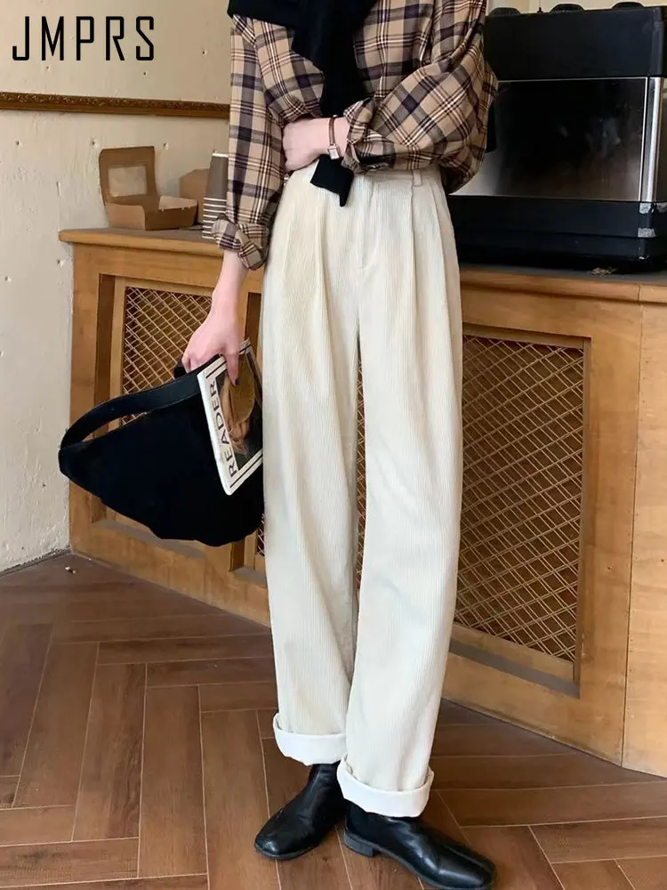 JMPRS High Waist Women Vintage Corduroy Pants Straight Casual Spring Trousers Koran Vintage Coffee Pockets All Match Pants New