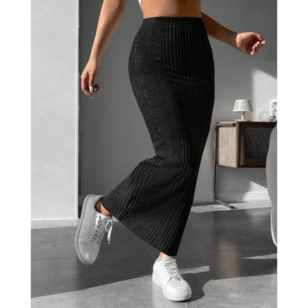 

2024 Autumn Winter Women Knitted Ribbed High Waist Pencil Long Skirts Casual Midi Skirts Spring in New Clothing Outwear