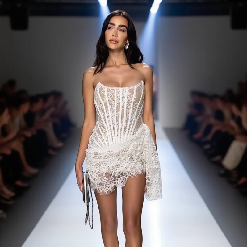 

European and American New Style Sexy Lace Irregular Strapless Fishbone Sheer Waist Cinching Short Dress