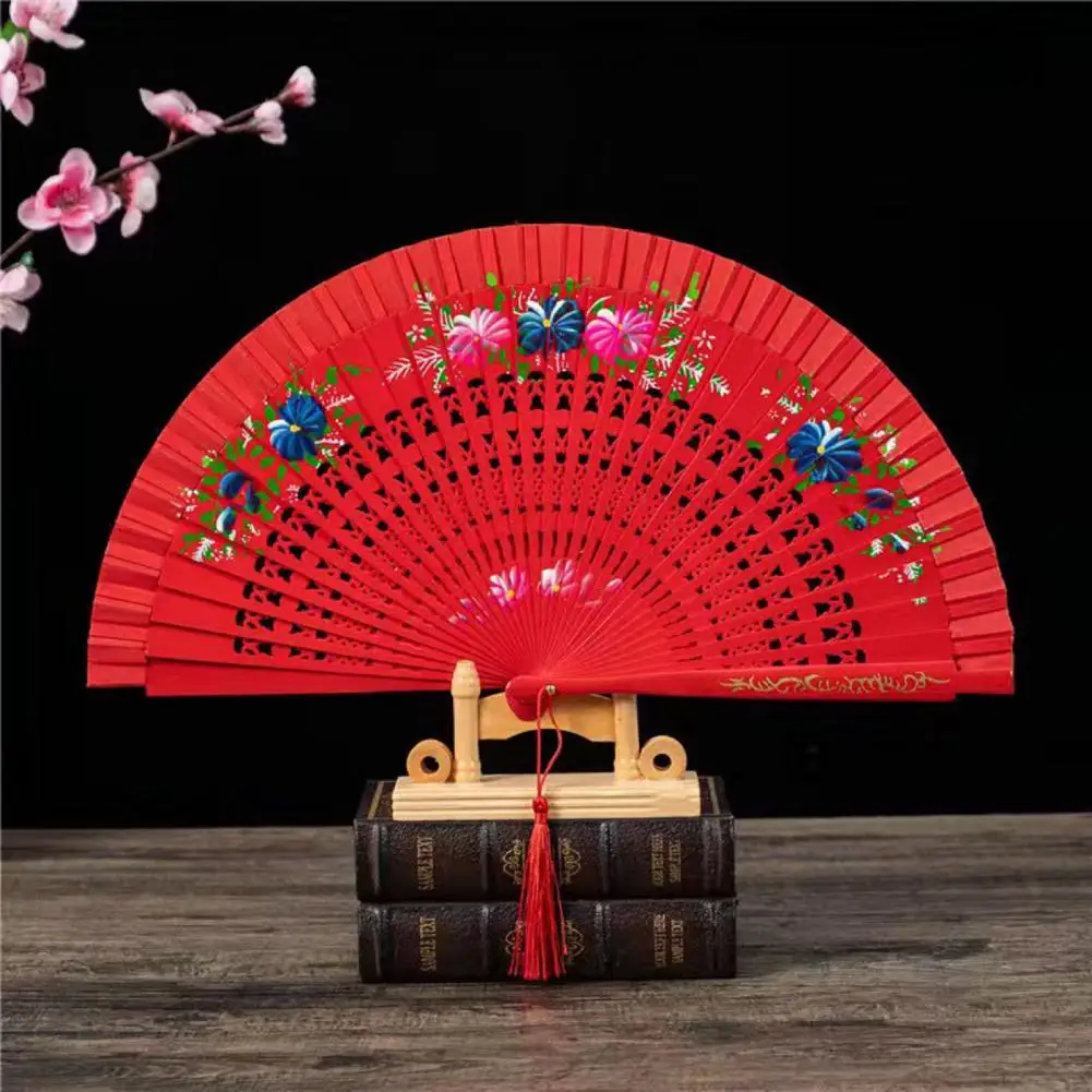 Folding Fan with Tassels Double Sided Flower Wooden Hollow Ribs Catwalks Dance Fan Summer Hand Held Fan Party Gifts Wooden Fan