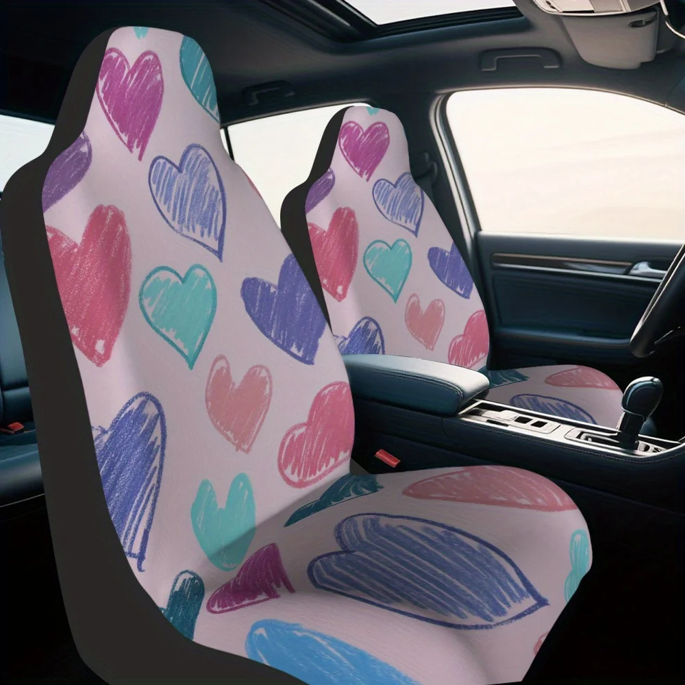 Set Of 2, Stylish And Vibrant Heart Illustration Front Seat Covers, Ideal For Individual Front Car Seats, Upgrades Vehicle Inter