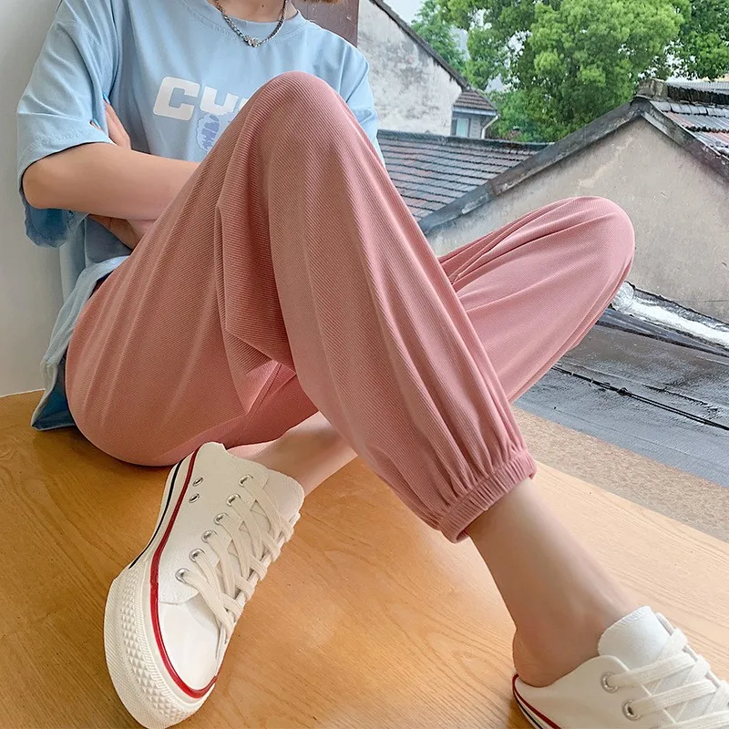 Pantalones de chándal informales finos de verano con puños sueltos de seda de hielo, pantalones farol de pierna ancha para mujer, pantalones Harlan de poliéster y LICRA de cintura alta