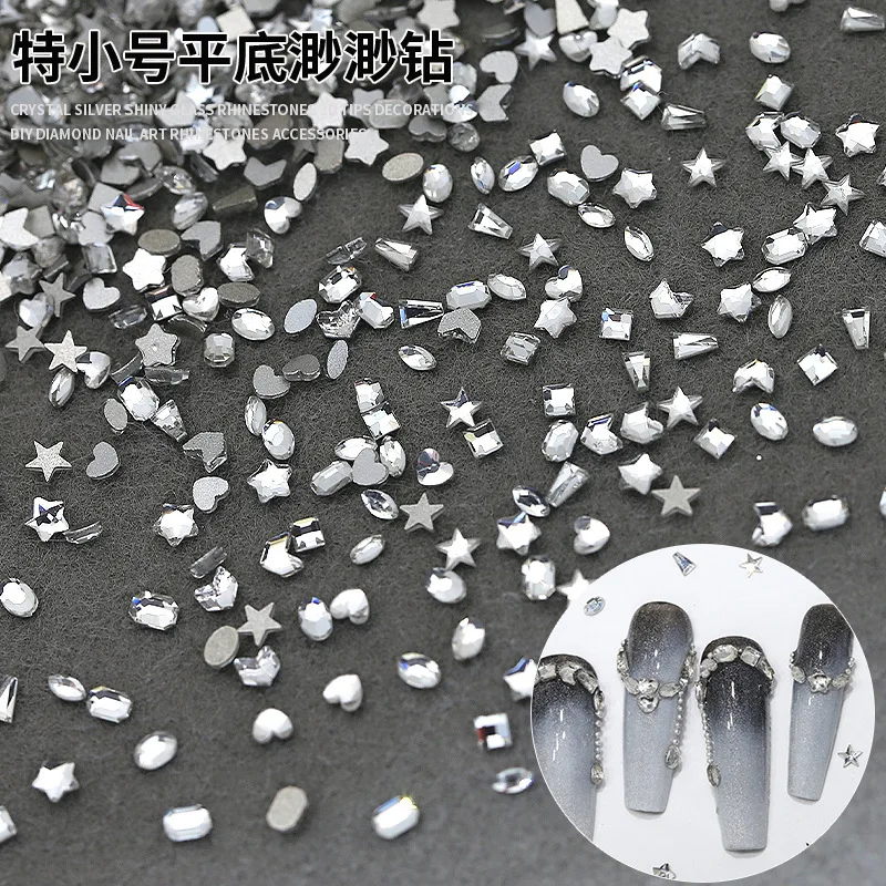 100PCS Glitter Tiny Small White Diamond Flatback Mini Gems Star Love Square Nail Art Rhinestones Decorations Manicure XXS Charms