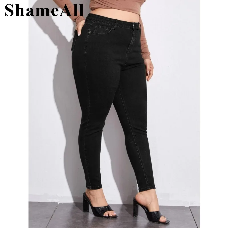 Women's Plus Size Black Stretch  Classic Denim Skinny Pants， High WaistStretch Denimrousers Penci Jeans Pants