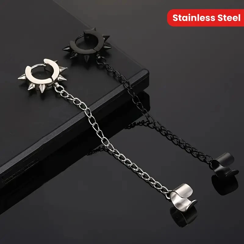1pc Stylish Punk Gothic Stainless Steel Rivet Spike Chain Piercing Huggie Hoop Earrings Cone Ear Clips for Men Women Ear Jewelry