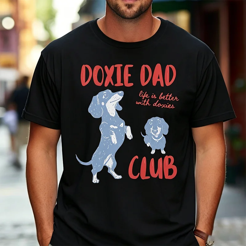 Funny Men's Cotton Tees Vintage Dachshund Dad Club Graphic T-Shirt Life Is Better with Doxies Casual Cotton Tee Gift for Dad